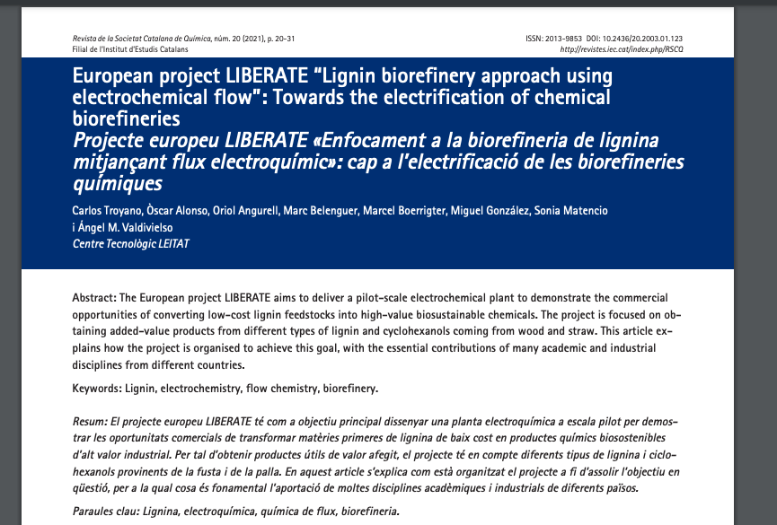 The «Societat Catalana de Química» publishes an article of the LIBERATE Project